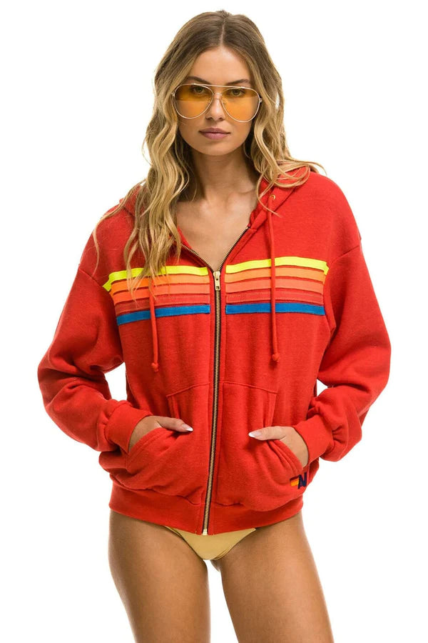 Aviator Nation 5 STRIPE RELAXED ZIP HOODIE - RED // NEON RAINBOW