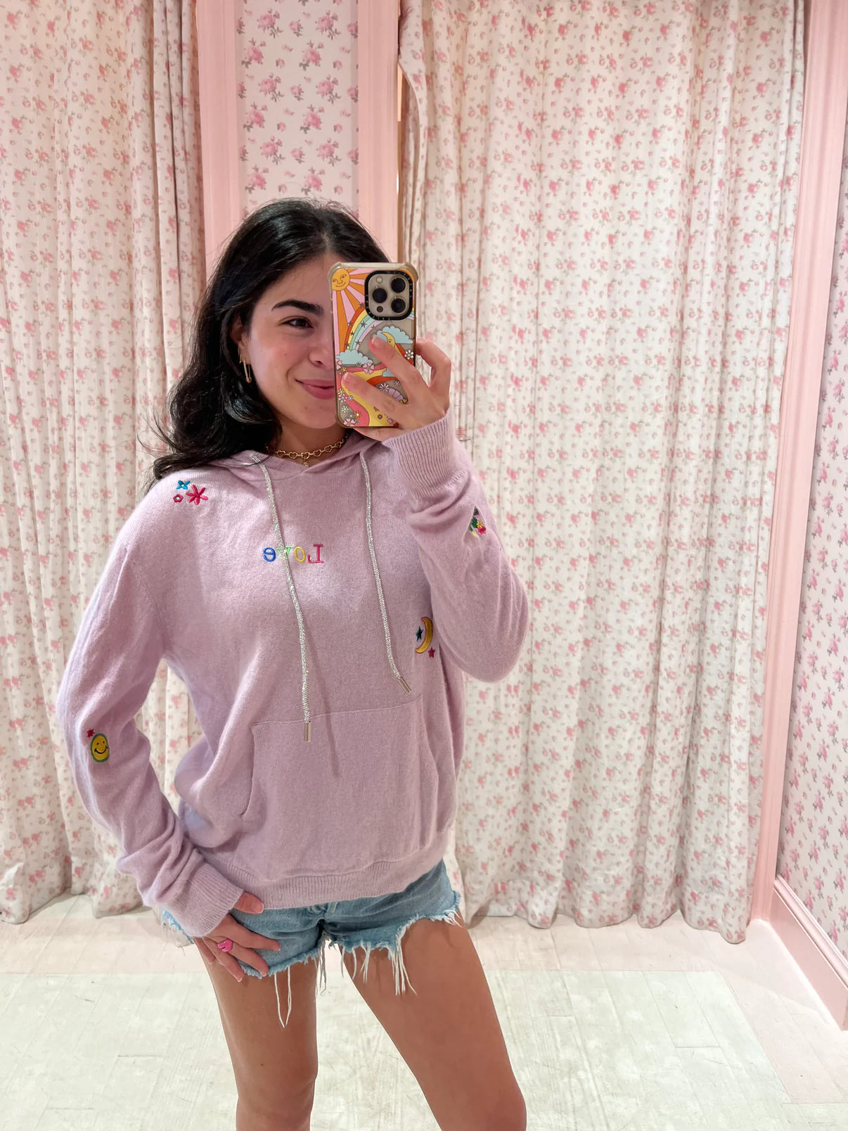 RomiBasha Pink Happy Cashmere Hoodie with Rhinestone Bling