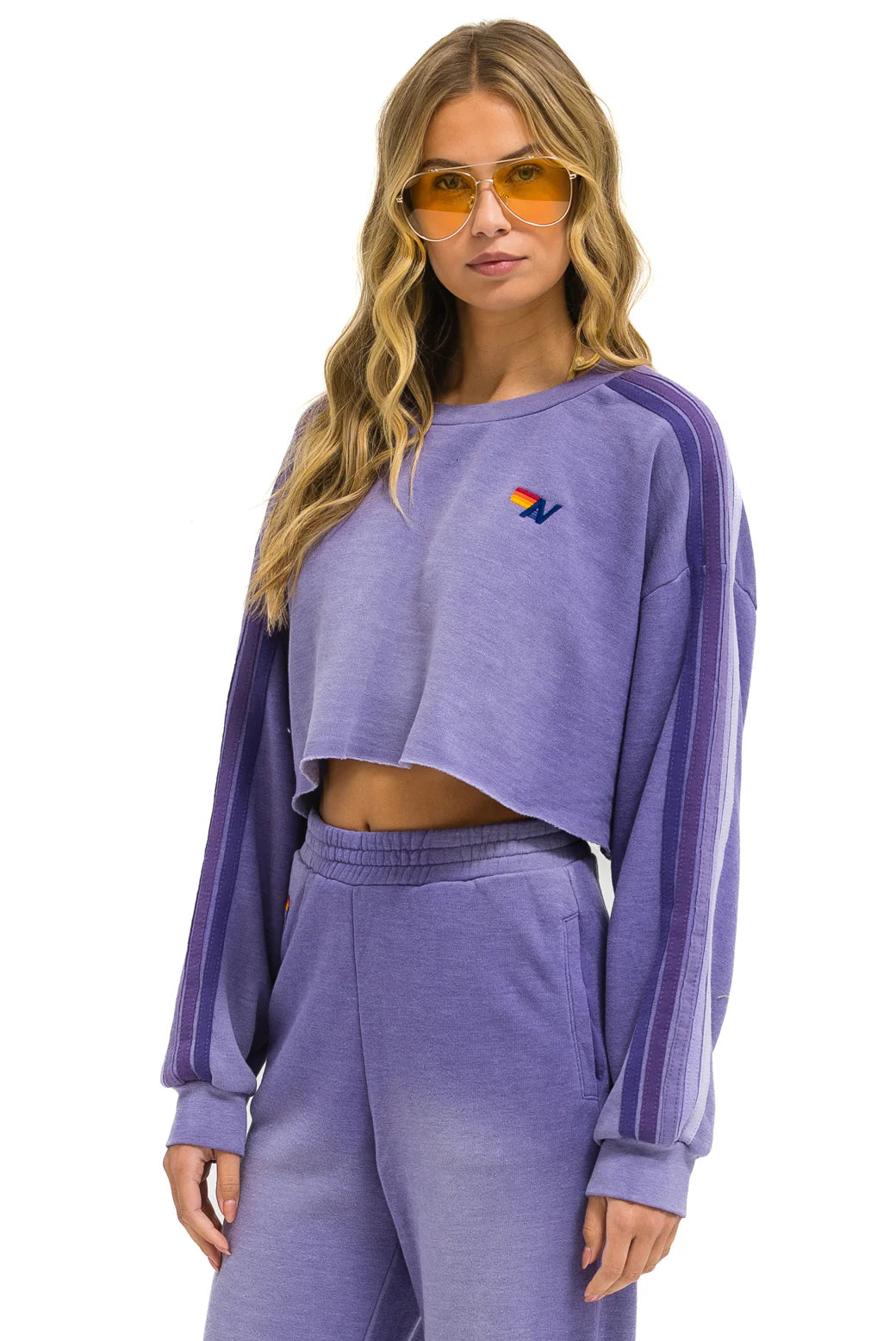 Aviator Nation Classic Stripe Cropped Sweatshirt - Faded Grape