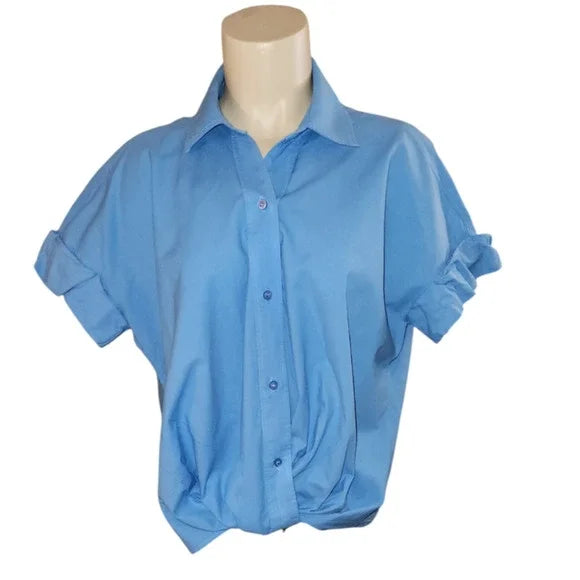 Stateside Women's Poplin Front Twist Button Up Short Sleeve Shirt - Sky Blue