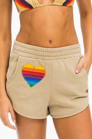 Aviator Nation Women's Rainbow Heart Stitch Lounger Shorts - Sand Tan