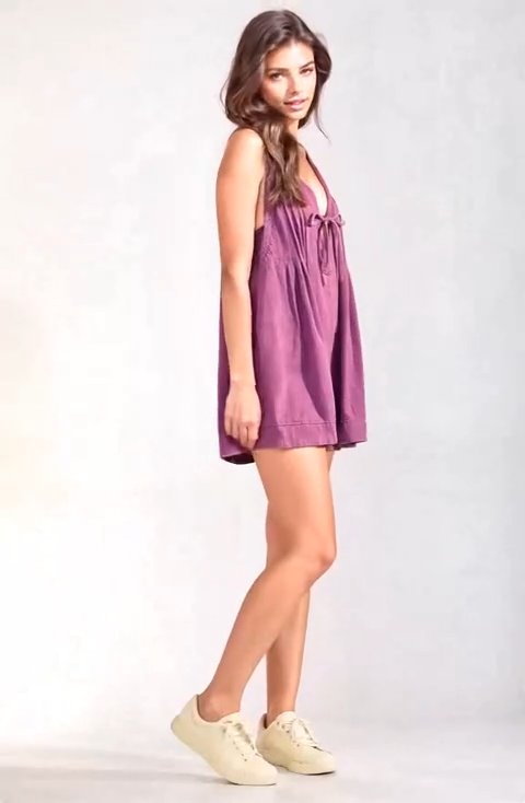 Pleated Tie Front Denim Washed Romper