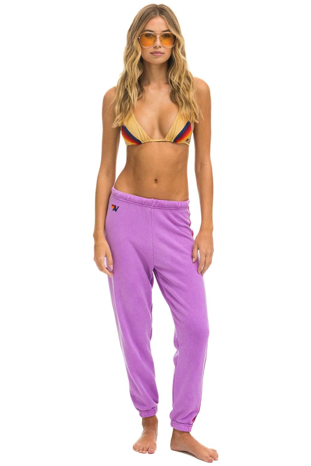 Aviator Nation 5 Stripe Women's Neon Purple Pink Purple Sweatpants