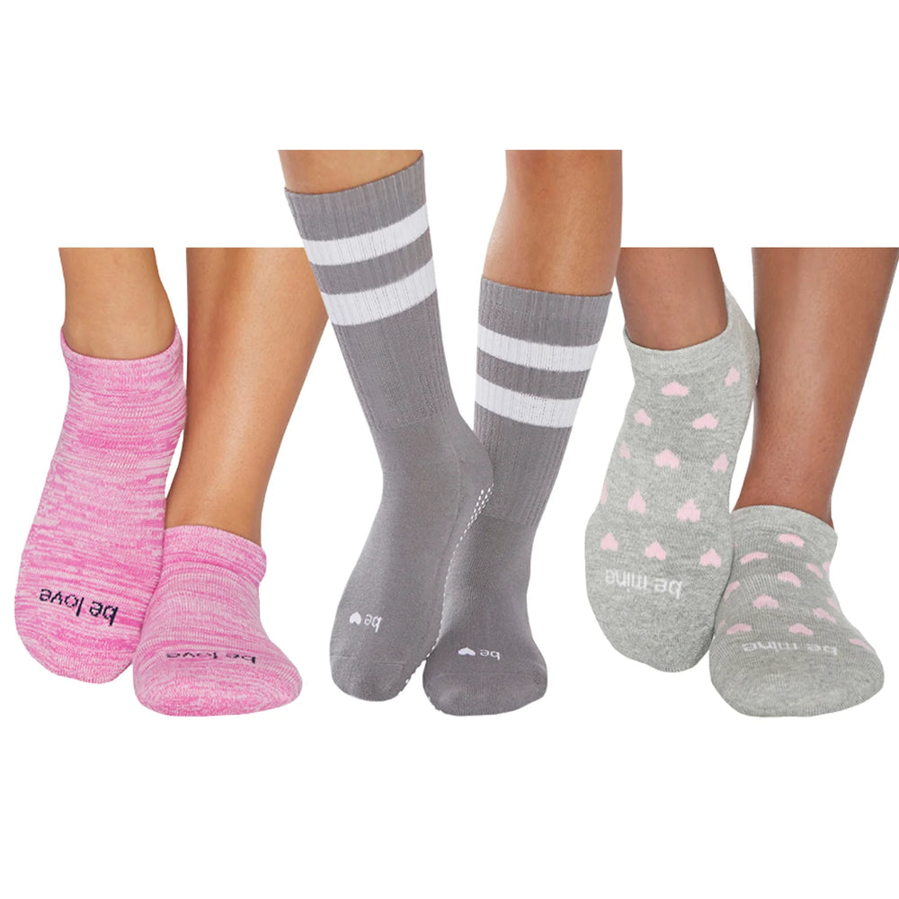Sticky Be Socks Women's Valentine's Day 3 Pack Non Slip Grip Socks - Pink Grey
