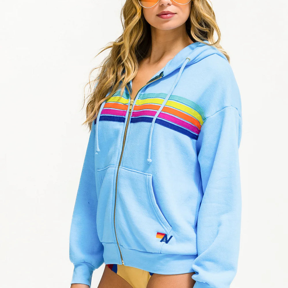 Aviator Nation 5 Stripe Relaxed Zip Hoodie Sky/Rainbow