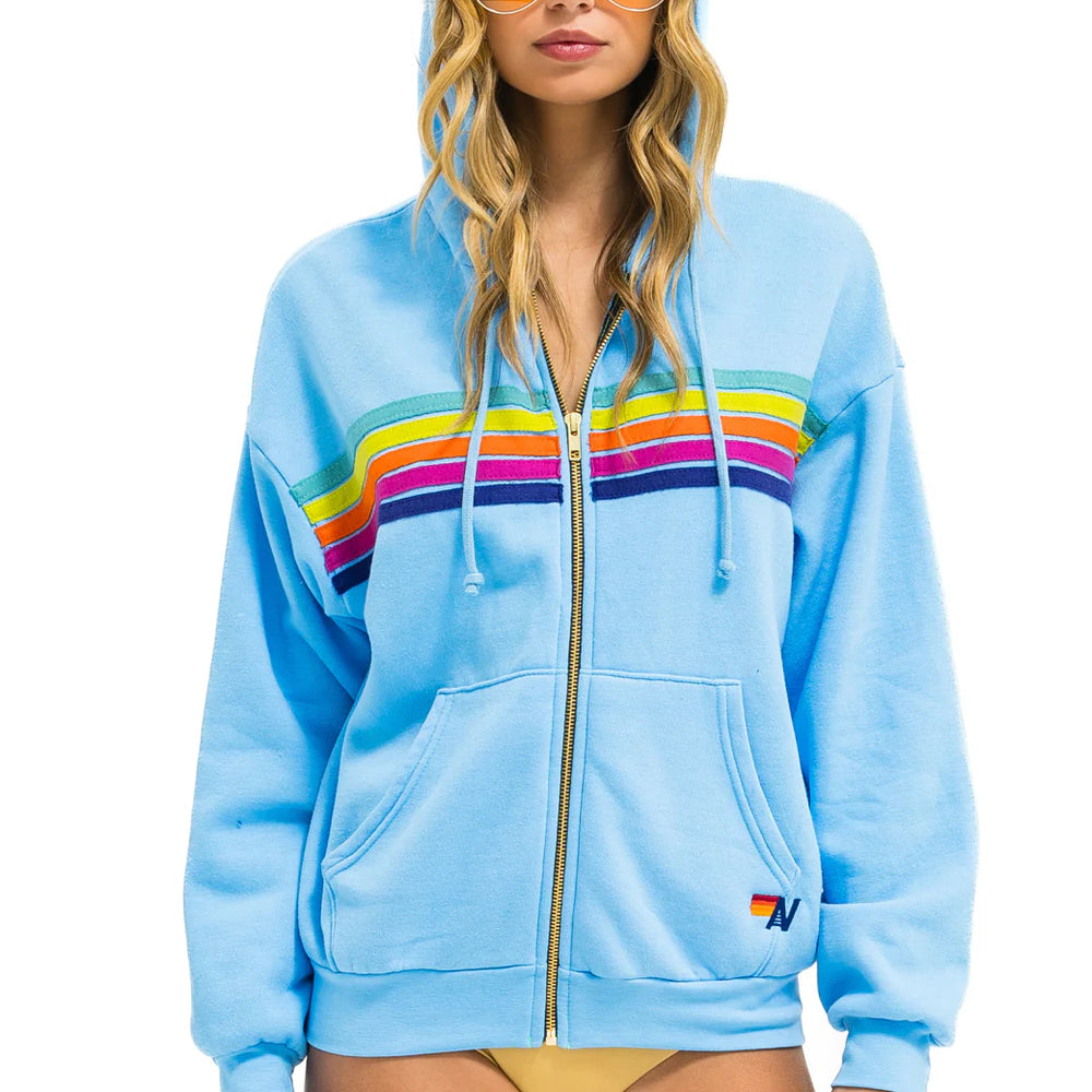 Aviator Nation 5 Stripe Relaxed Zip Hoodie Sky/Rainbow
