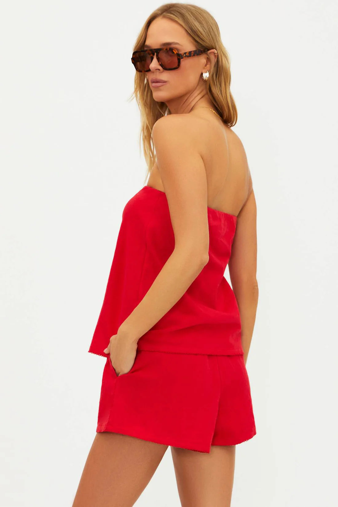 Beach Riot Celeste Strapless Top Red Linen
