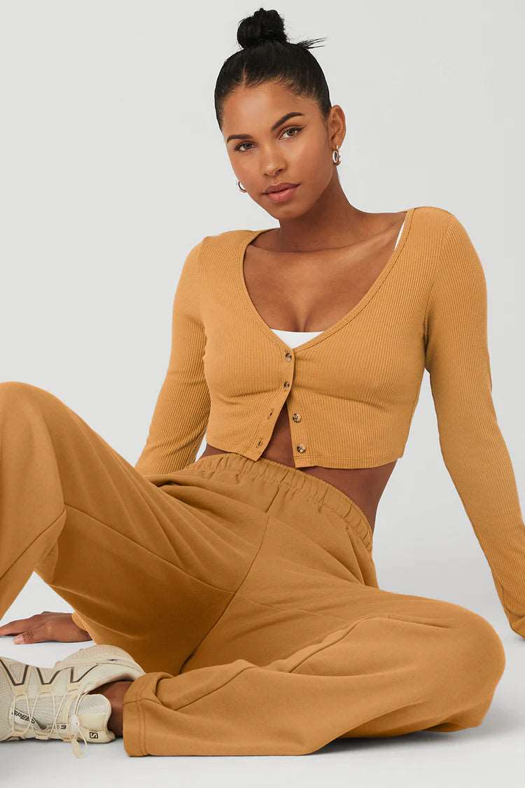 Alo Yoga Ribbed Cropped Whisper Cardigan Toffee