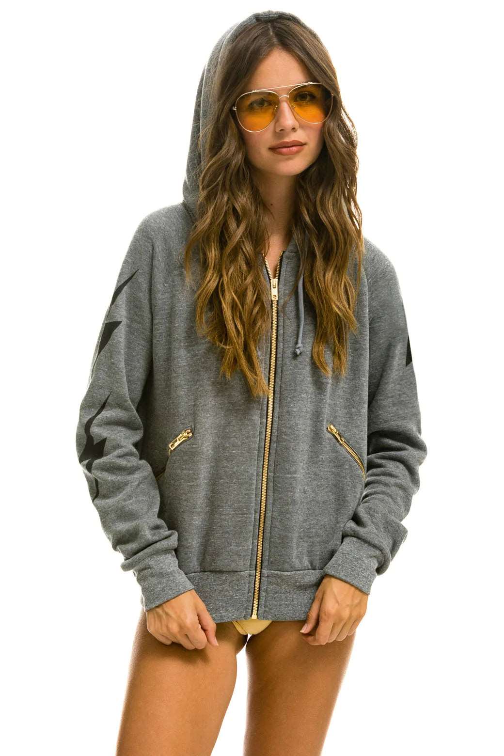 Aviator Nation Zip Hoodie Relaxed Fit With Zip Pockets Heather Grey