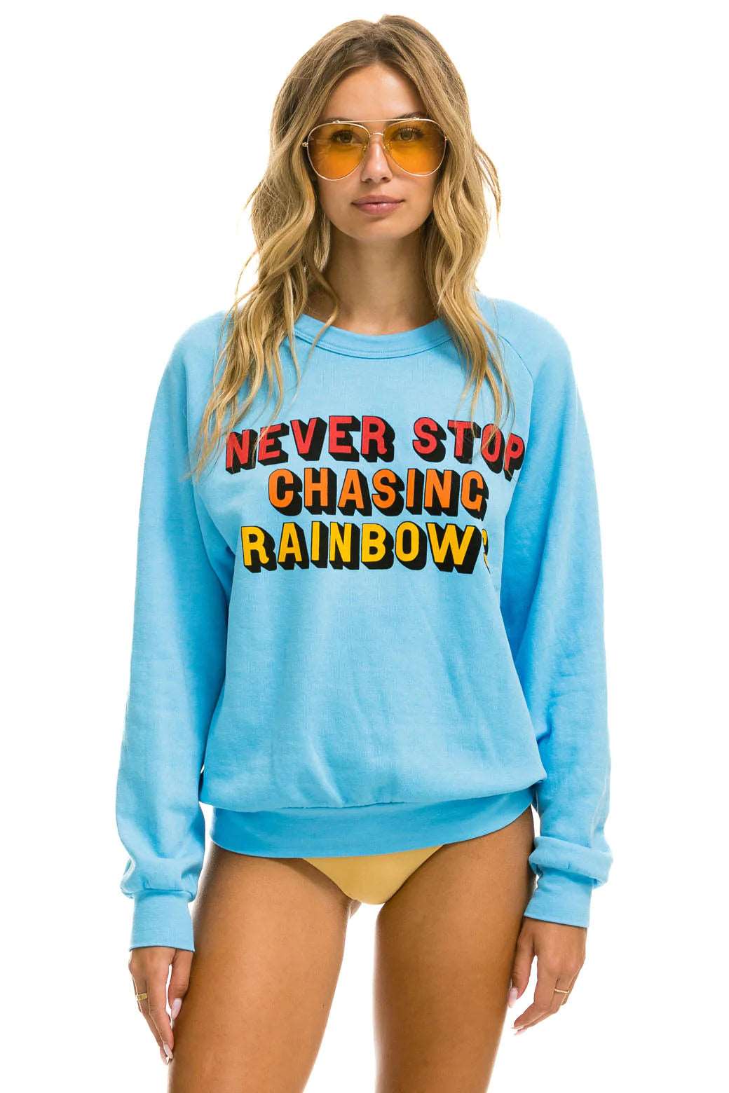 Aviator Nation Never Stop Chasing Rainbows Crew Sweatshirt Sky Blue