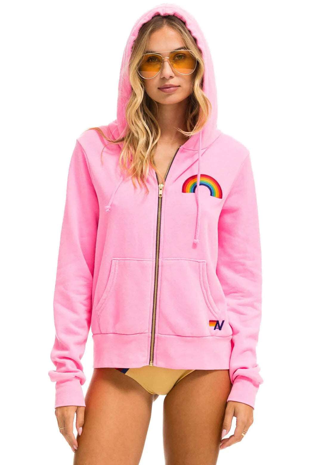 Aviator Nation Zip Hoodie Rainbow Embroidery Neon Pink