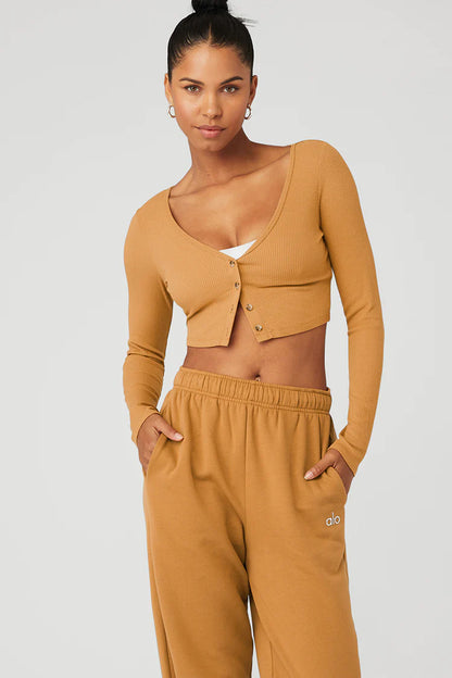 Alo Yoga Ribbed Cropped Whisper Cardigan Toffee
